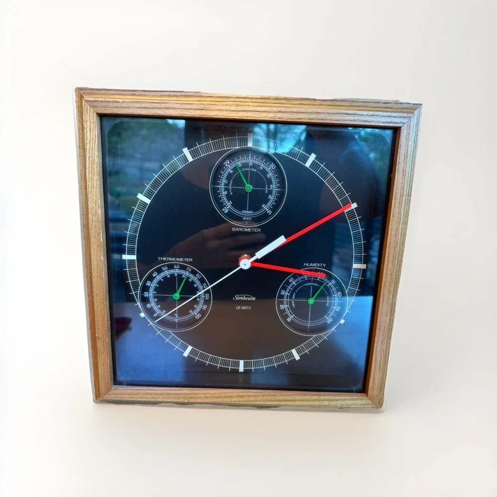 Vtg Sunbeam Weather Station Wall Clock Humidity Barometer Thermometer Wood Frame
